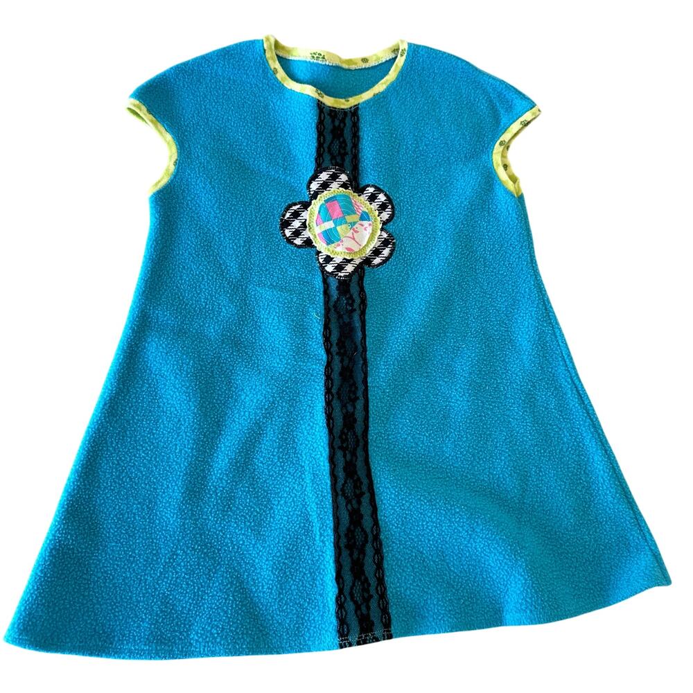 Blue Fleece Handmade Dress with Flower Detail - Adorable!